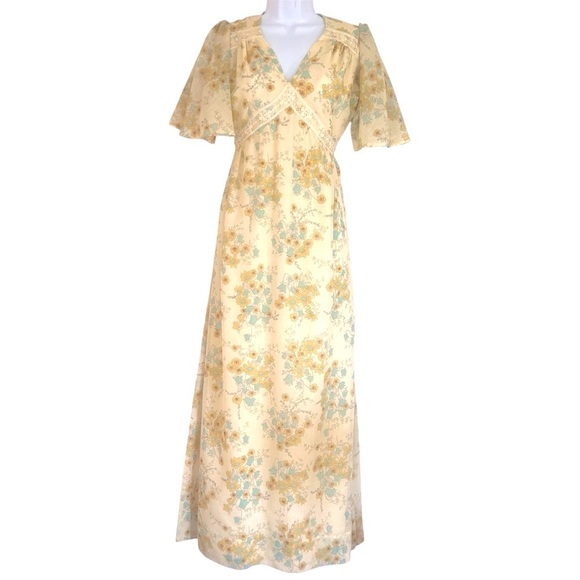 ACT I NEW YORK VTG 70s Pale Yellow Boho Floral Flutter Sleeve Maxi Dress Sz 7 S - Picture 1 of 14